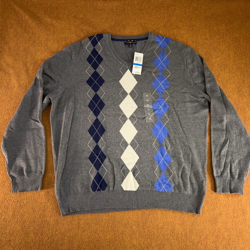 Club Room Mens XL Charcoal Heather Argyle Cotton V Neck Pullover Sweater NWT